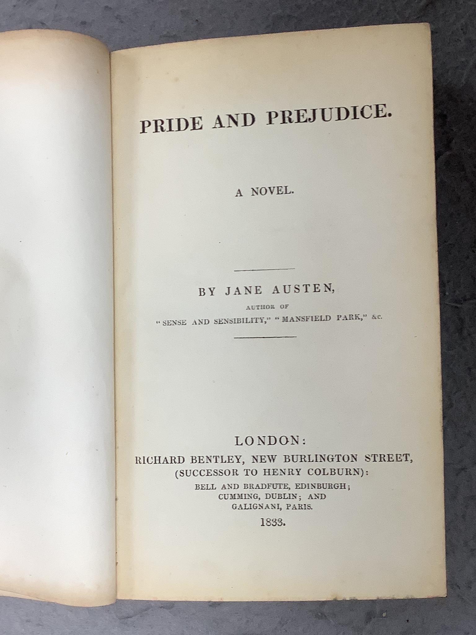 Austen, Jane - Pride and Prejudice. A Novel. First Collected Edition. pictorial engraved and printed titles, frontis; mid 19th century half calf and marbled boards, panelled spine with black label
